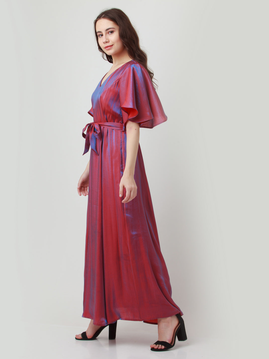 Red Solid Tie-Up Maxi Dress