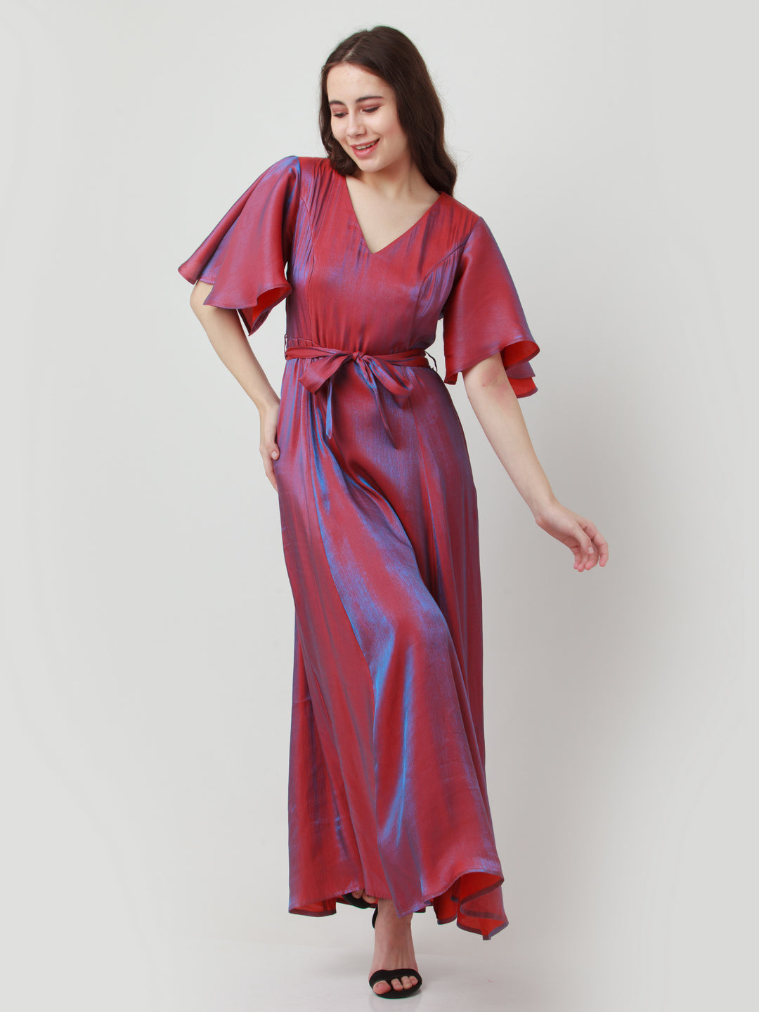 Red Solid Tie-Up Maxi Dress