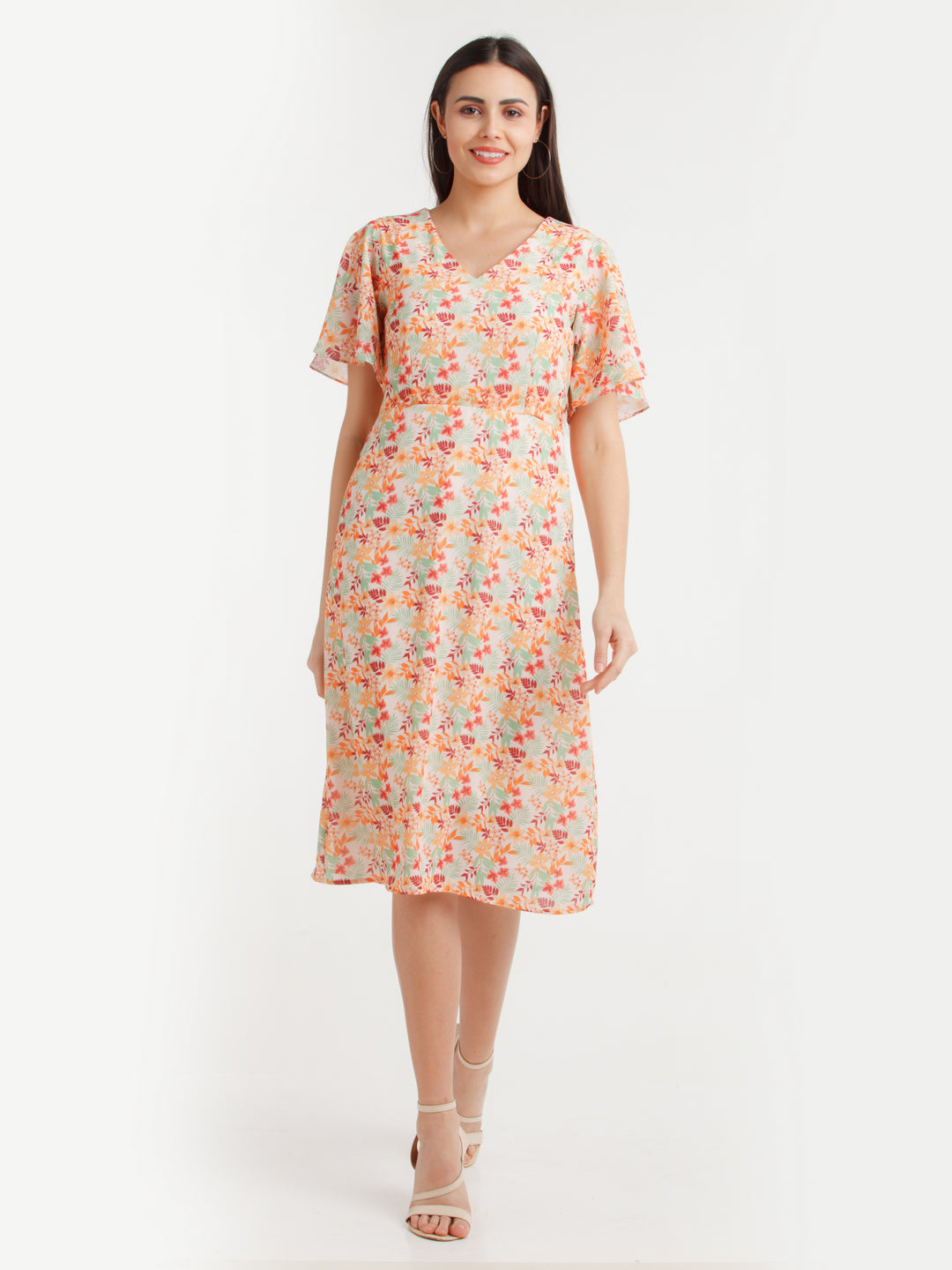 Multicolor Printed Flared Sleeve Midi Dress For Women