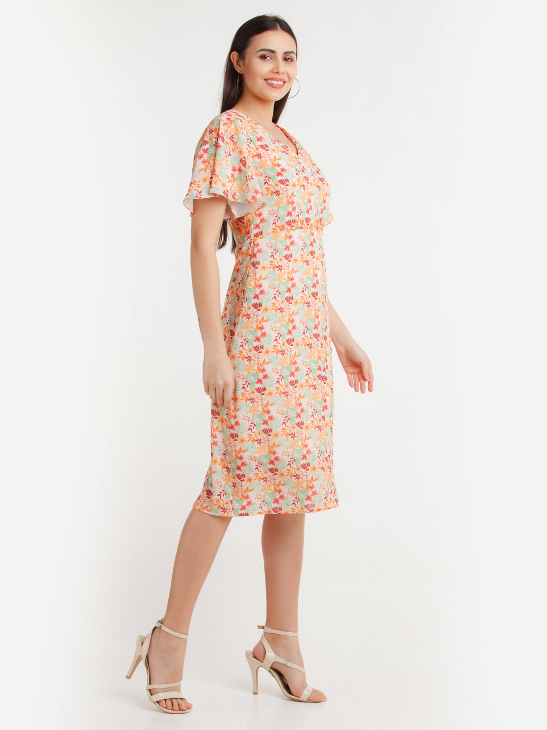 Multicolor Printed Flared Sleeve Midi Dress For Women