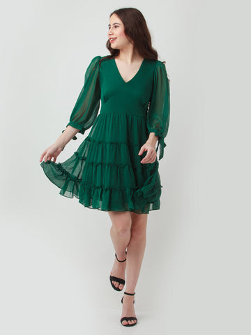 Green Solid Tiered Short Dress For Women