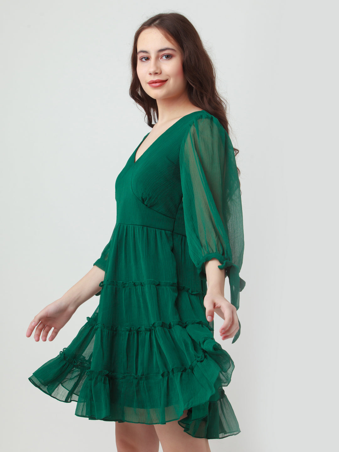 Green Solid Tiered Short Dress For Women