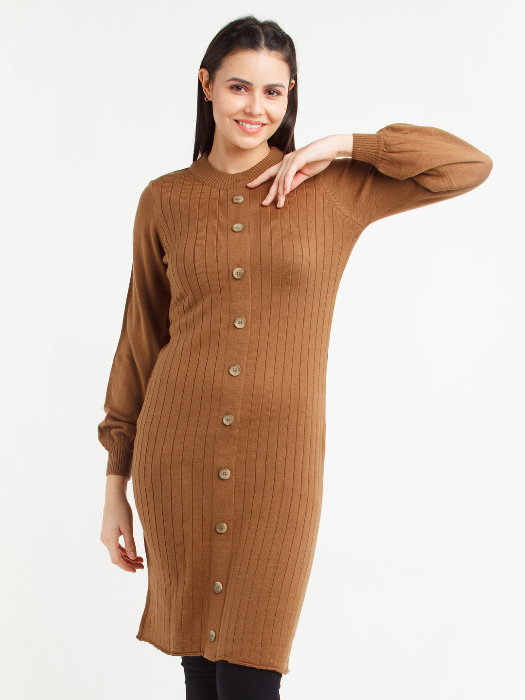 Tan Striped Puff Sleeve Sweater For Women