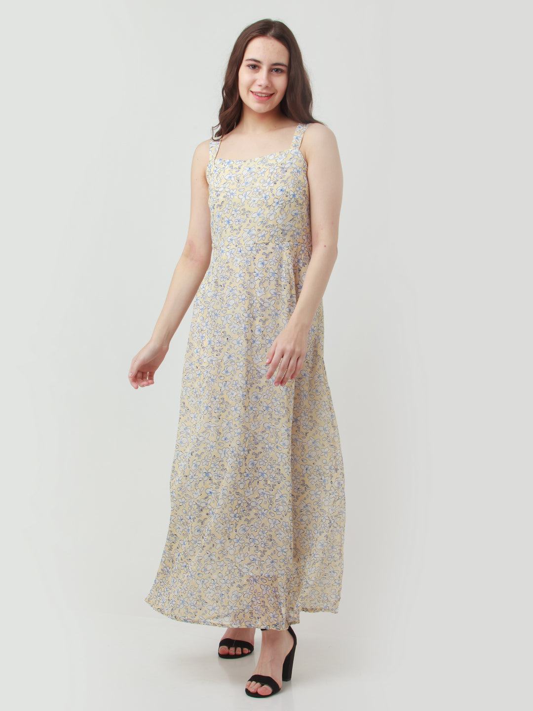 Yellow Printed Elasticated Maxi Dress For Women