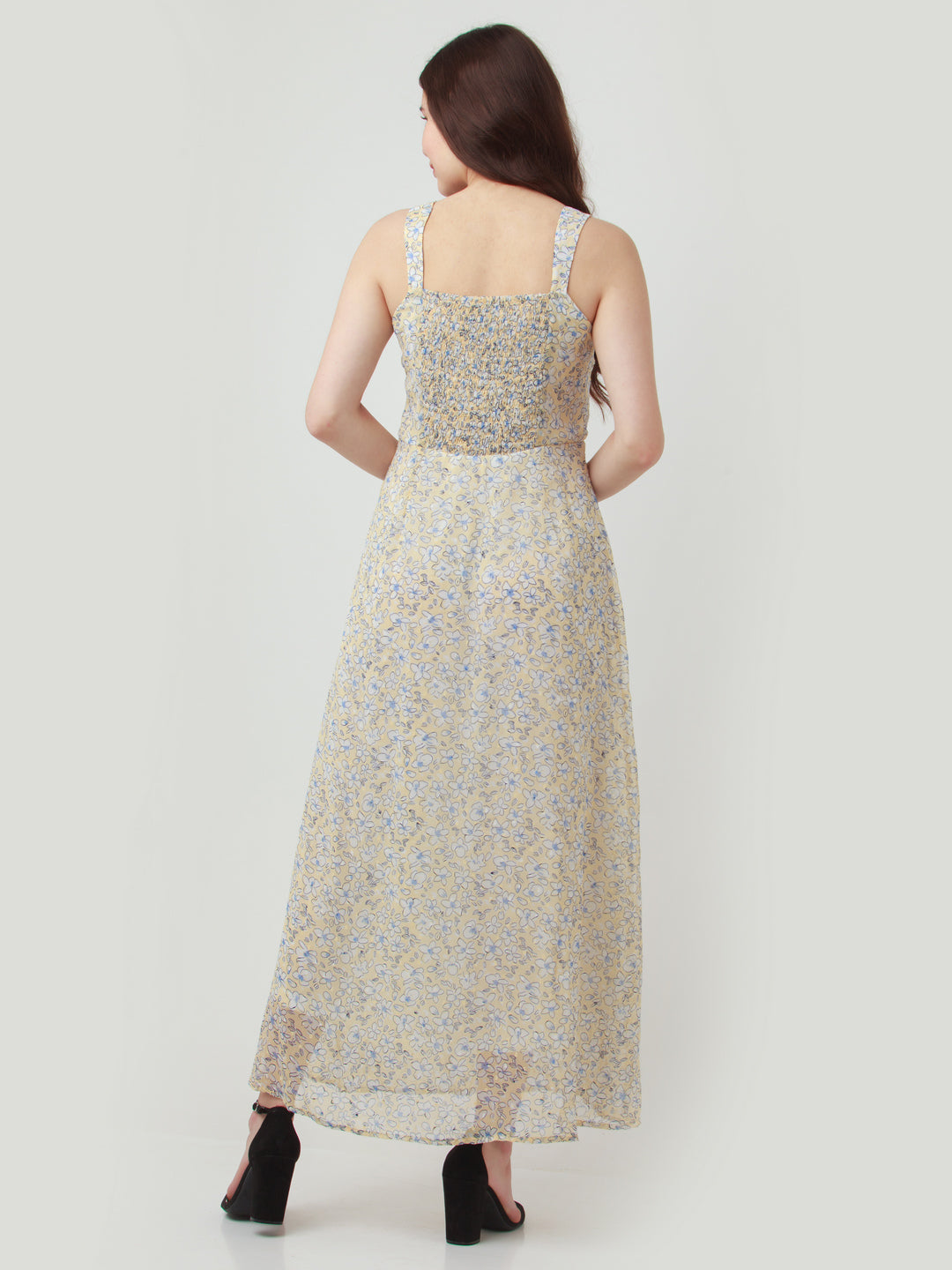 Yellow Printed Elasticated Maxi Dress For Women