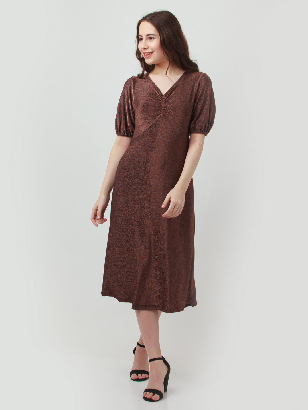 Brown Shimmer Ruched Midi Dress