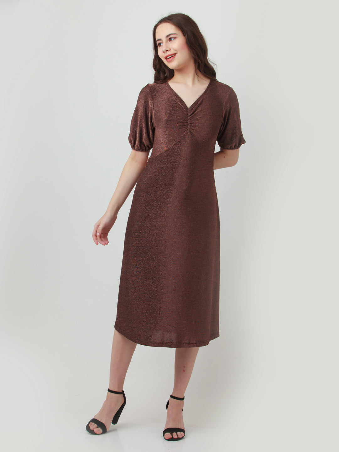Brown Shimmer Ruched Midi Dress For Women