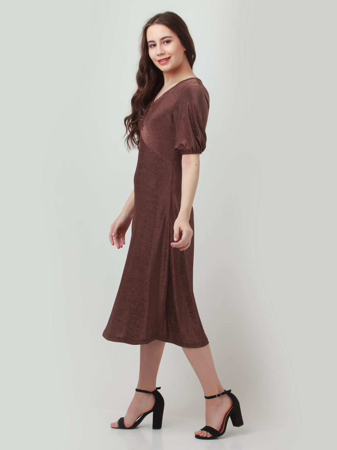 Brown Shimmer Ruched Midi Dress