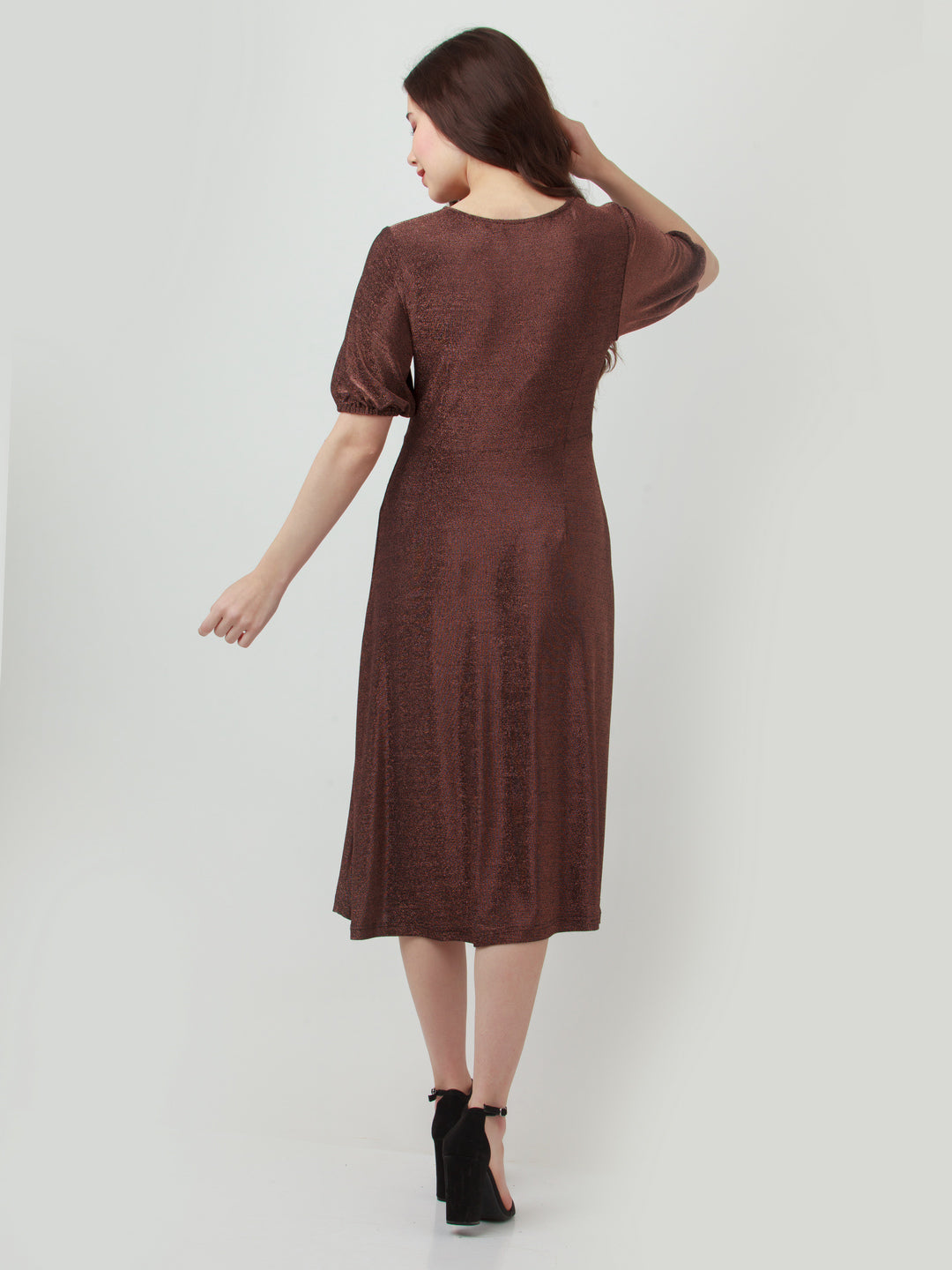Brown Shimmer Ruched Midi Dress For Women