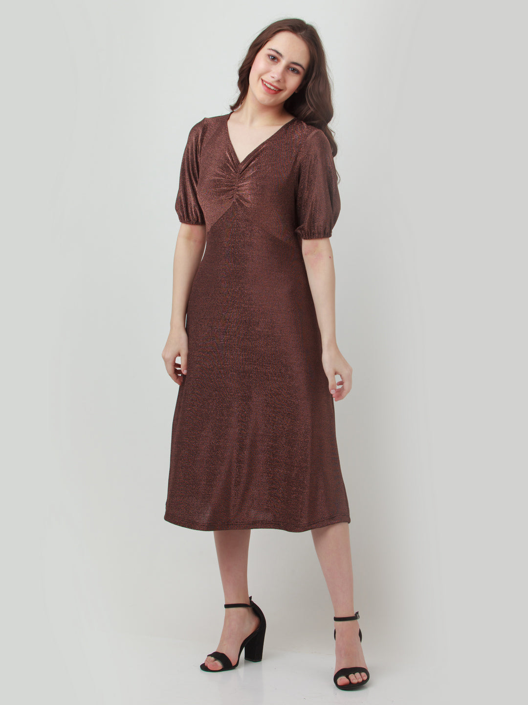 Brown Shimmer Ruched Midi Dress