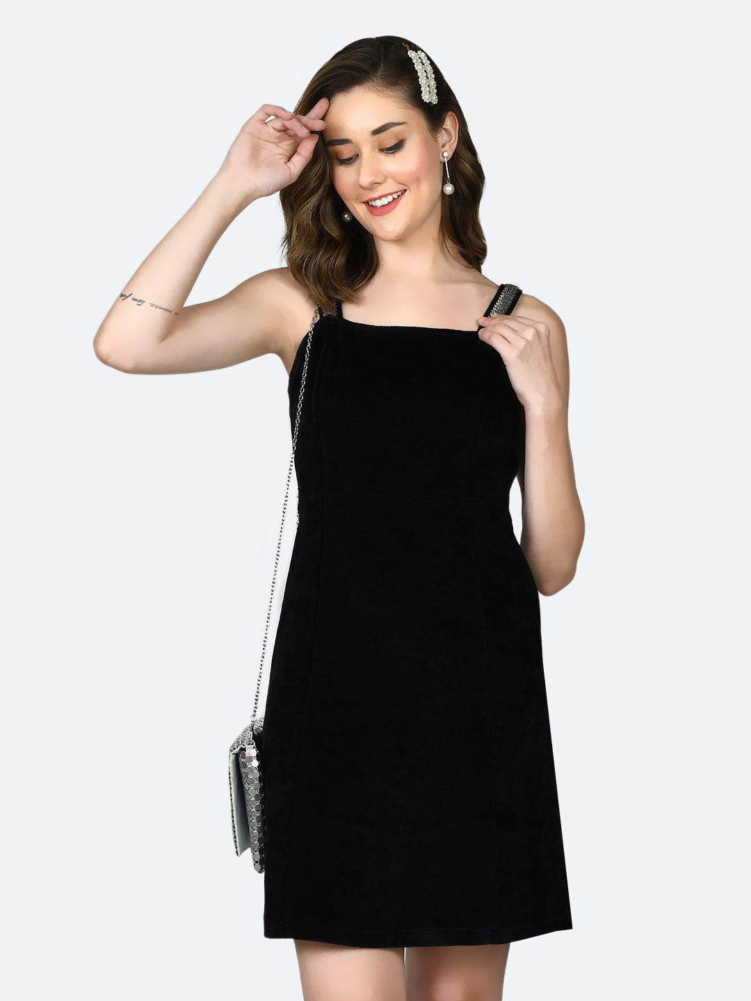 Black Solid Strappy Short Dress For Women