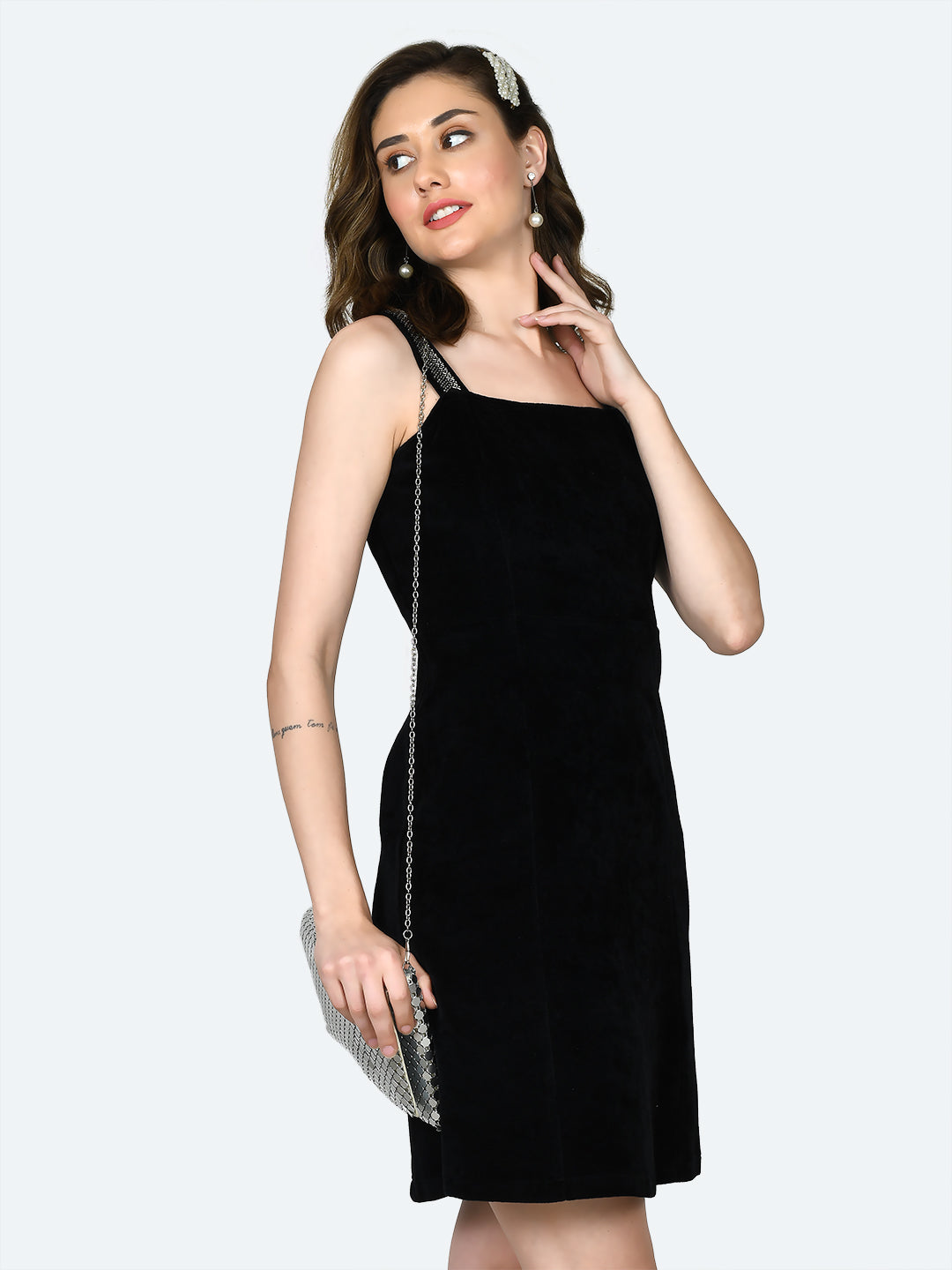 Black Solid Strappy Short Dress For Women