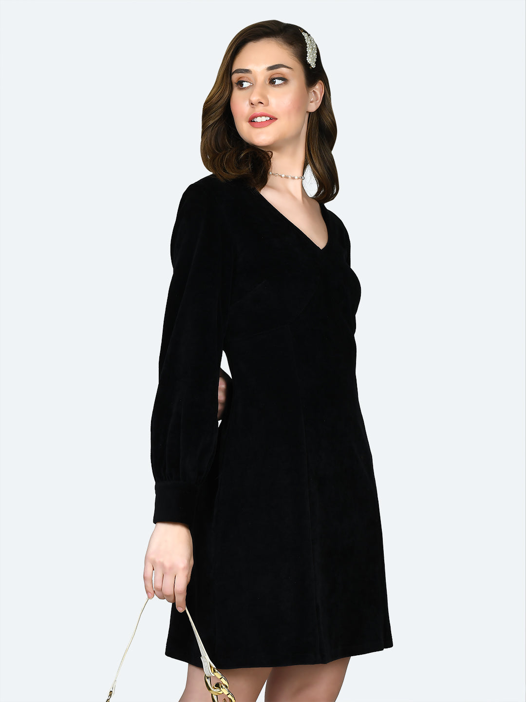 Black Solid Fitted Short Dress For Women