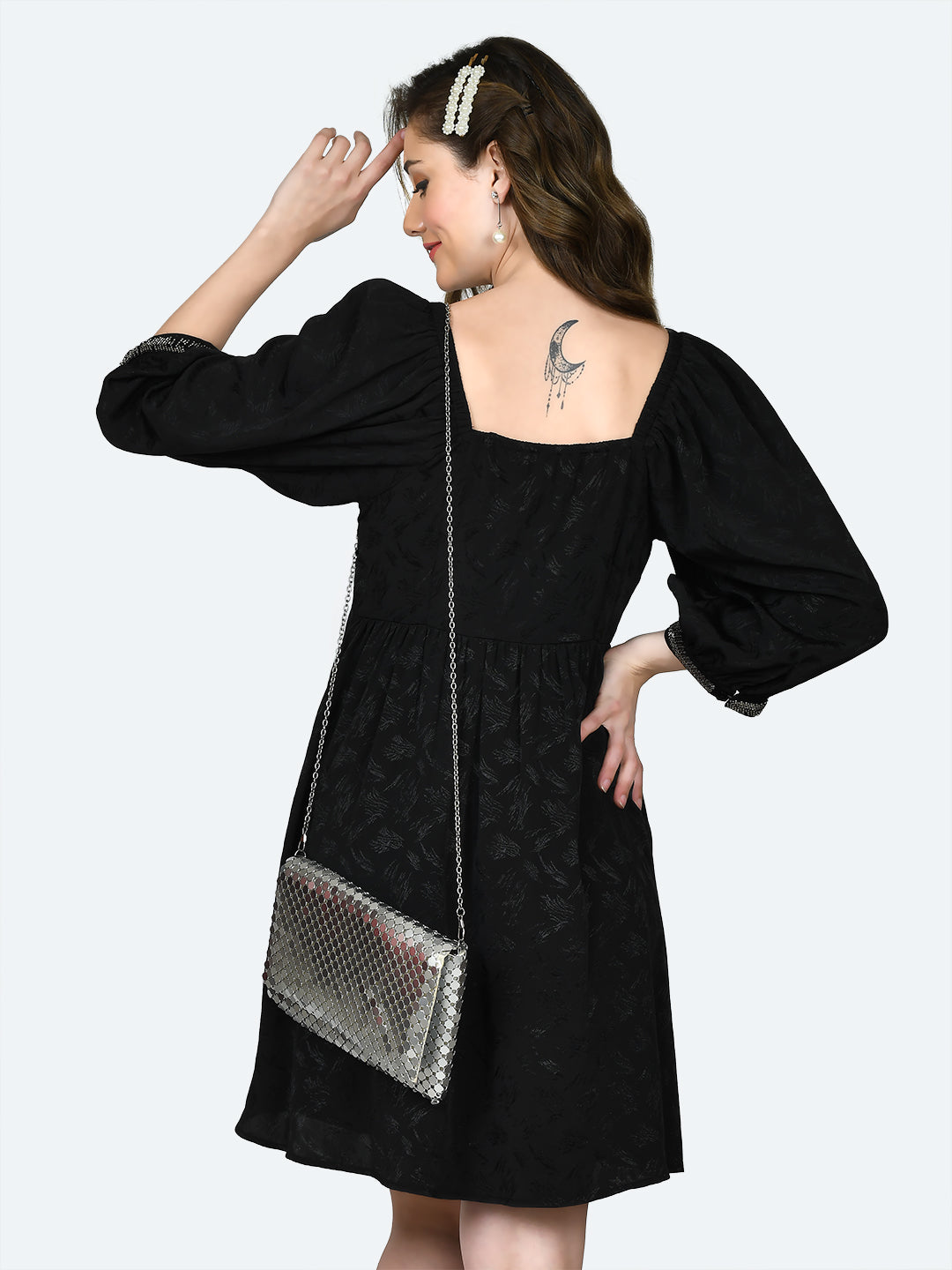 Black Self Design Ruched Short Dress For Women