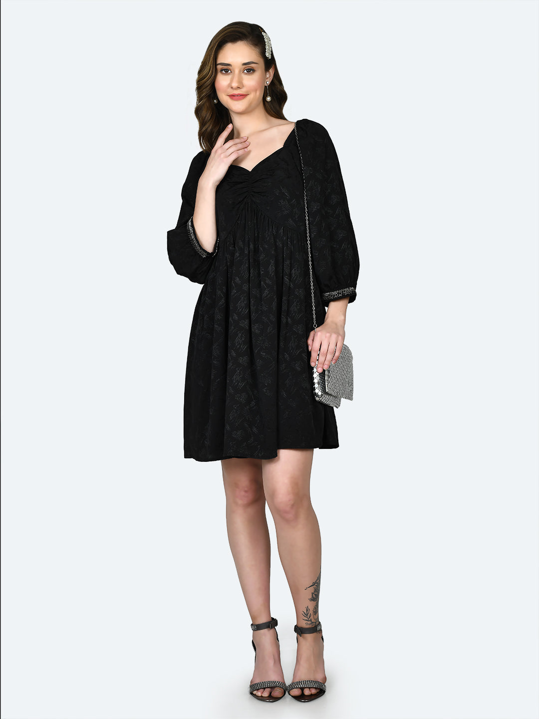Black Self Design Ruched Short Dress For Women