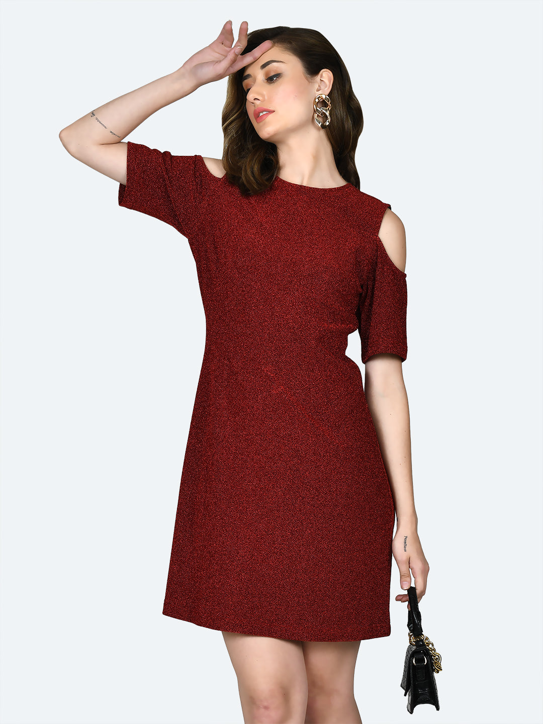 Red Shimmer Cold Shoulder Short Dress