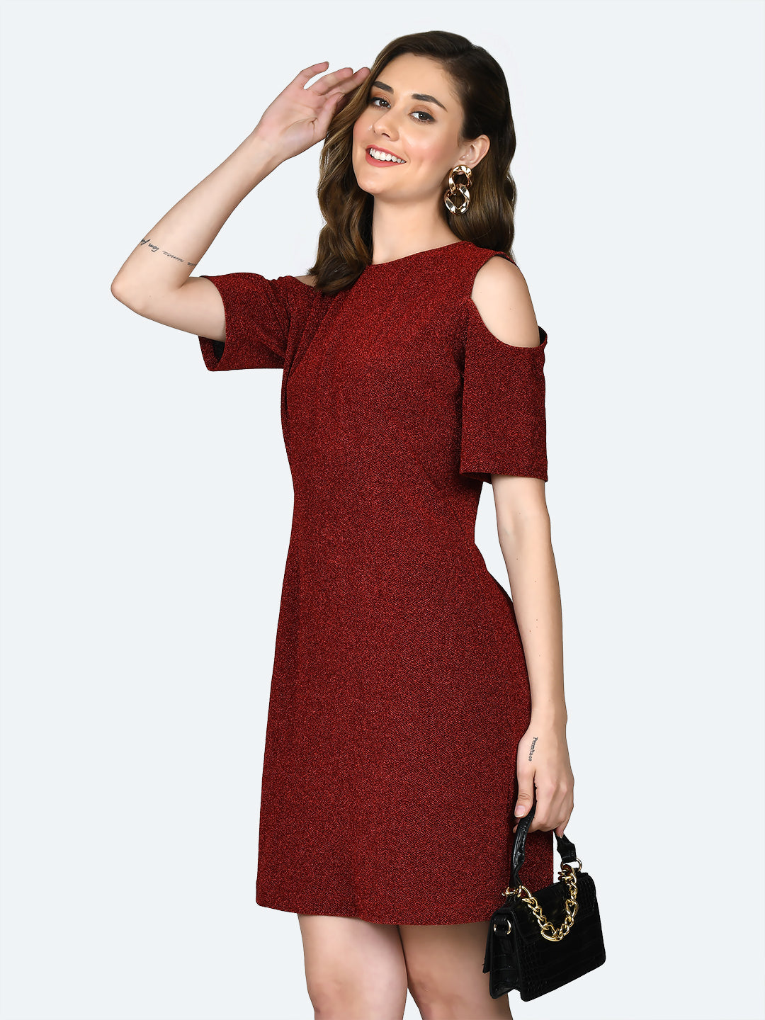 Red Shimmer Cold Shoulder Short Dress