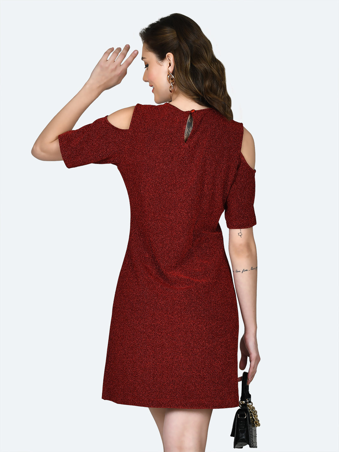 Red Shimmer Cold Shoulder Short Dress