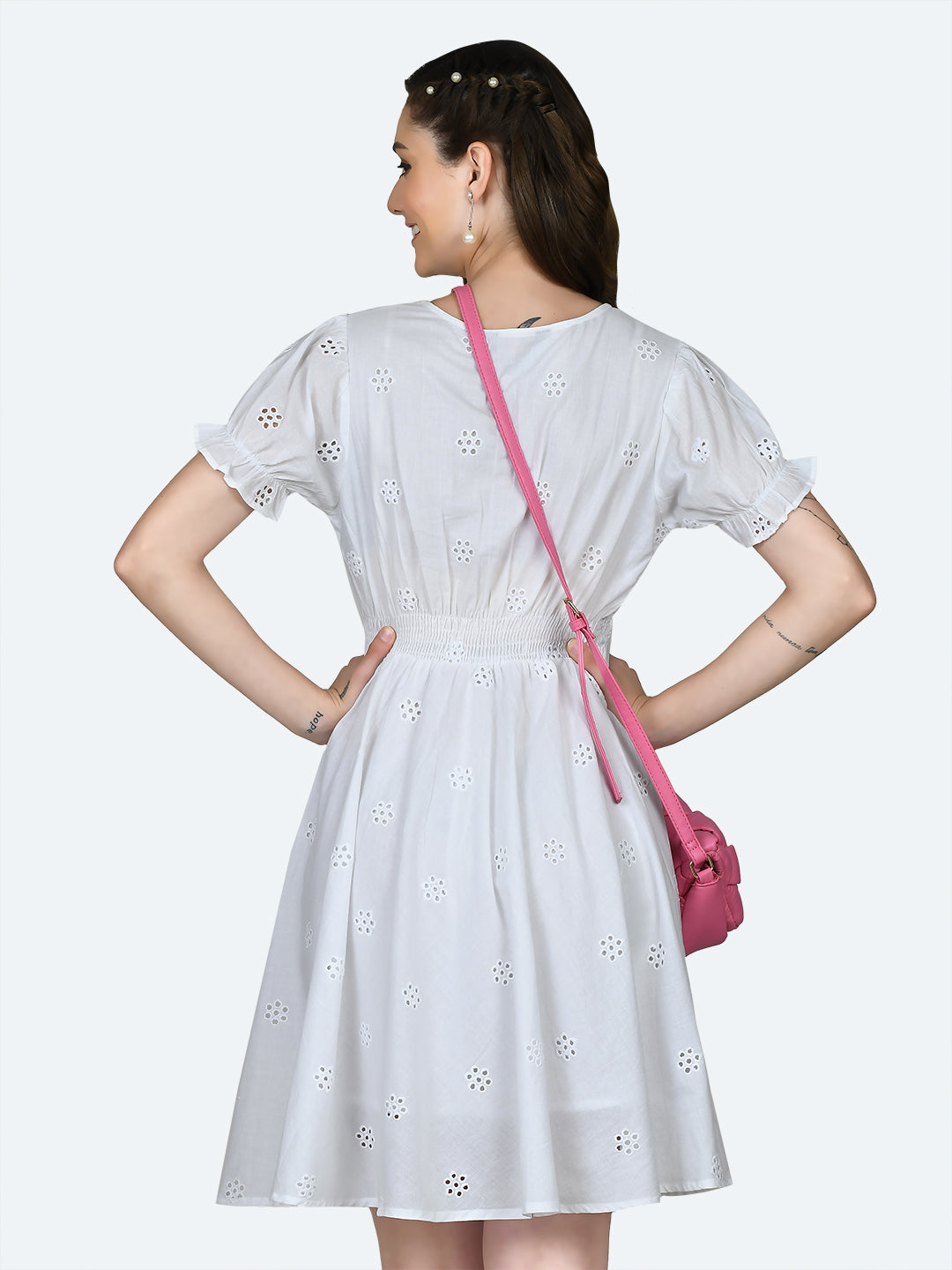 White Embroidered Short Dress For Women