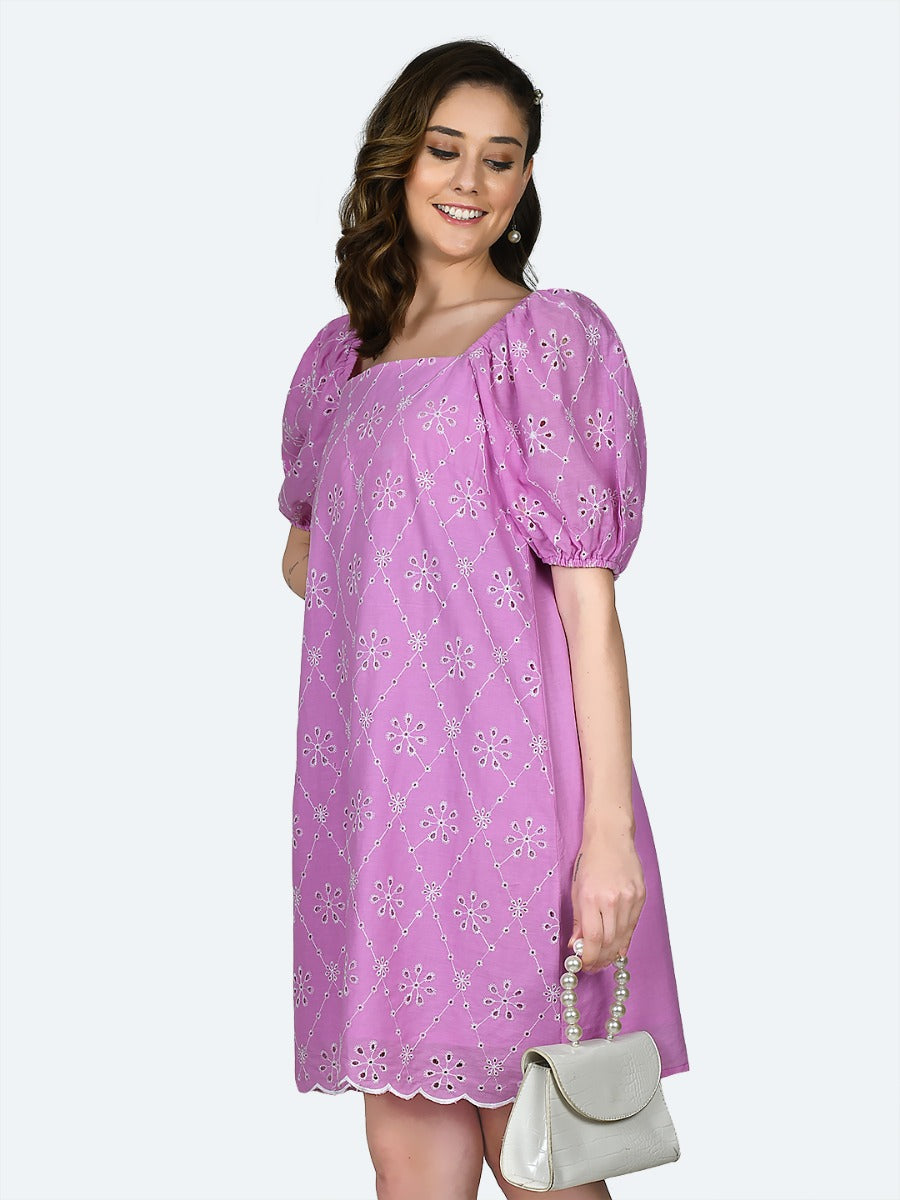 Pink Embroidered Short Dress for Women