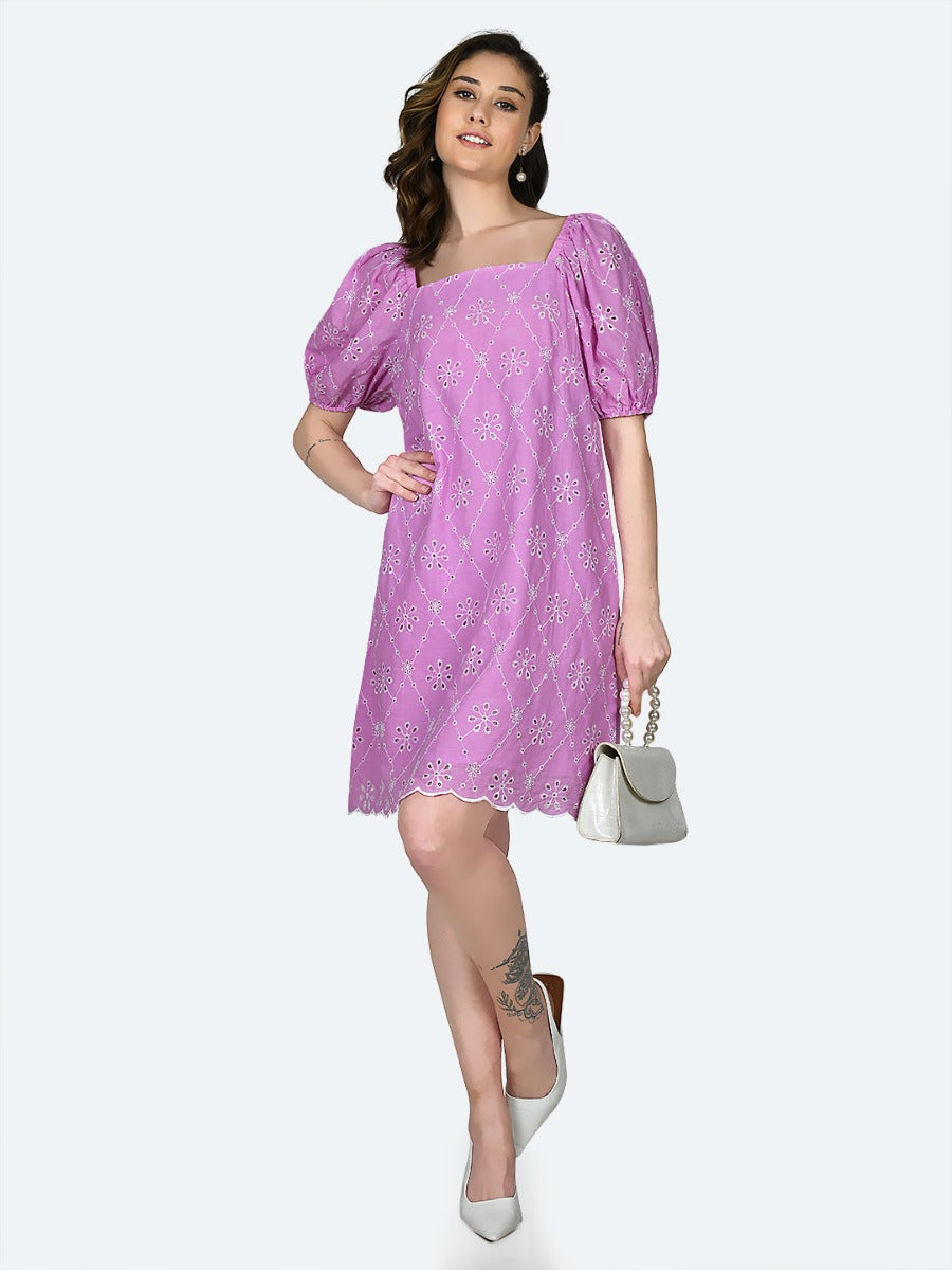 Pink Embroidered Short Dress for Women