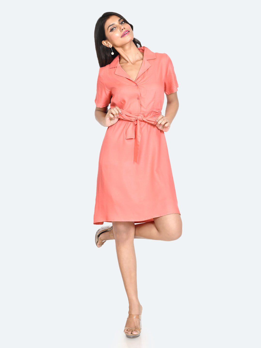 Coral Solid Shirt Dress