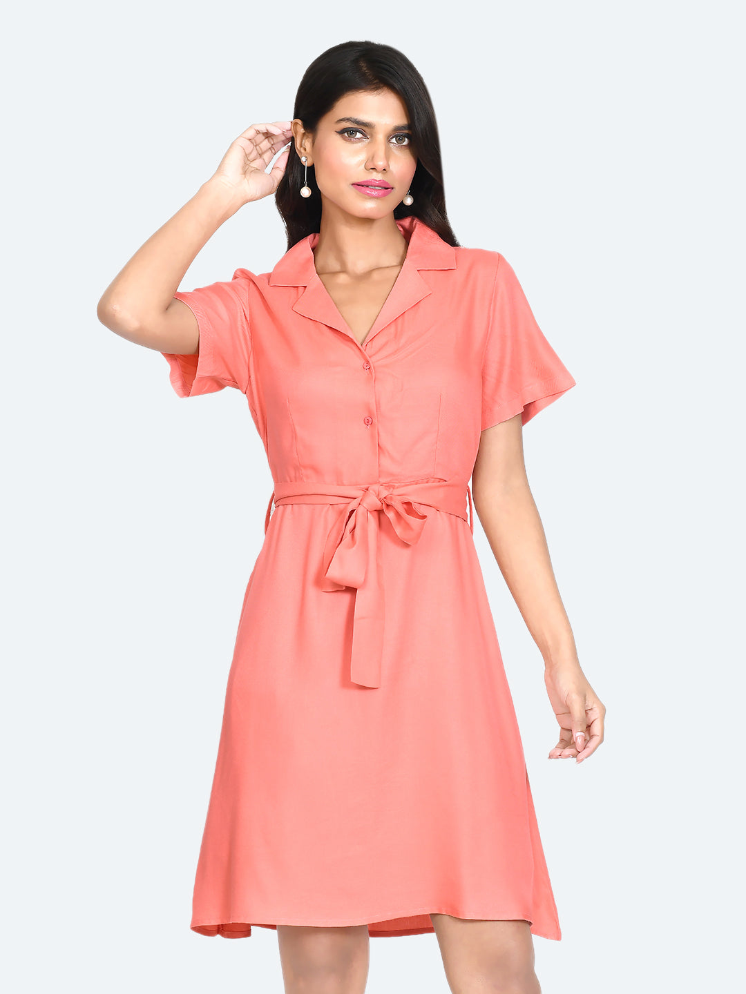 Coral Solid Shirt Dress