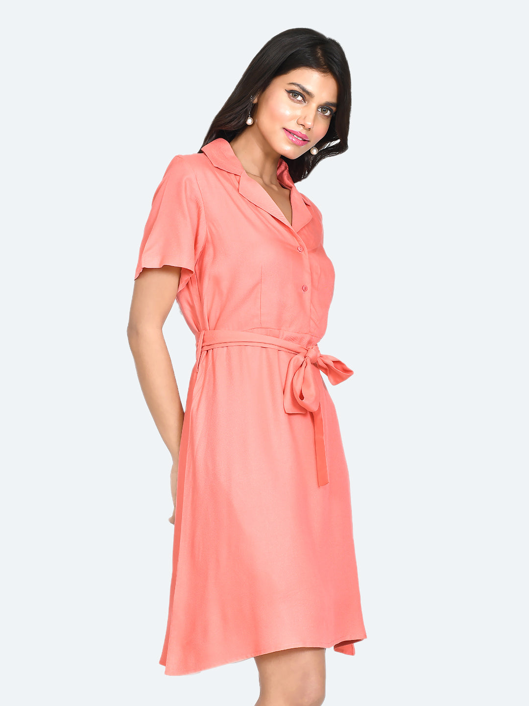 Coral Solid Shirt Dress