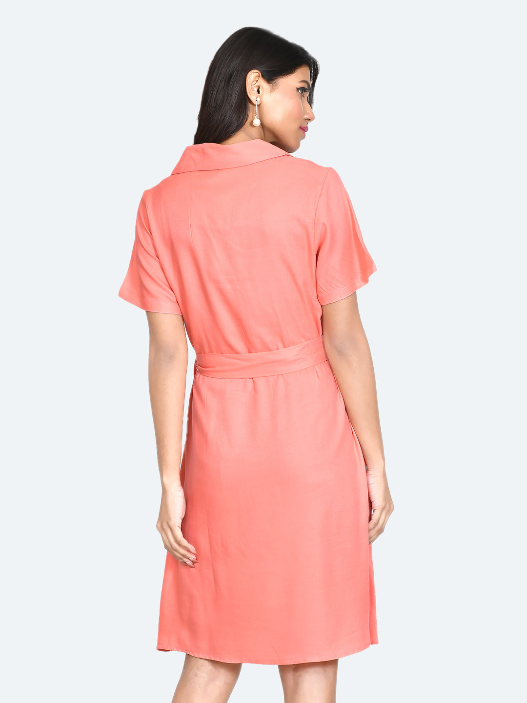 Coral Solid Shirt Dress For Women