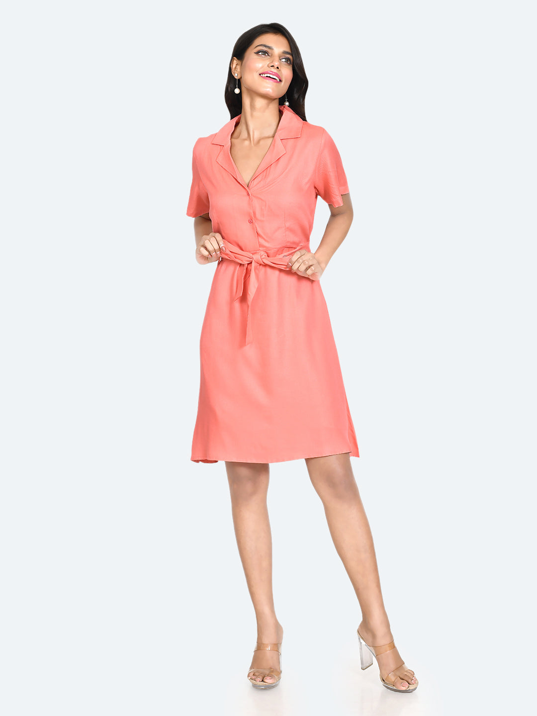 Coral Solid Shirt Dress