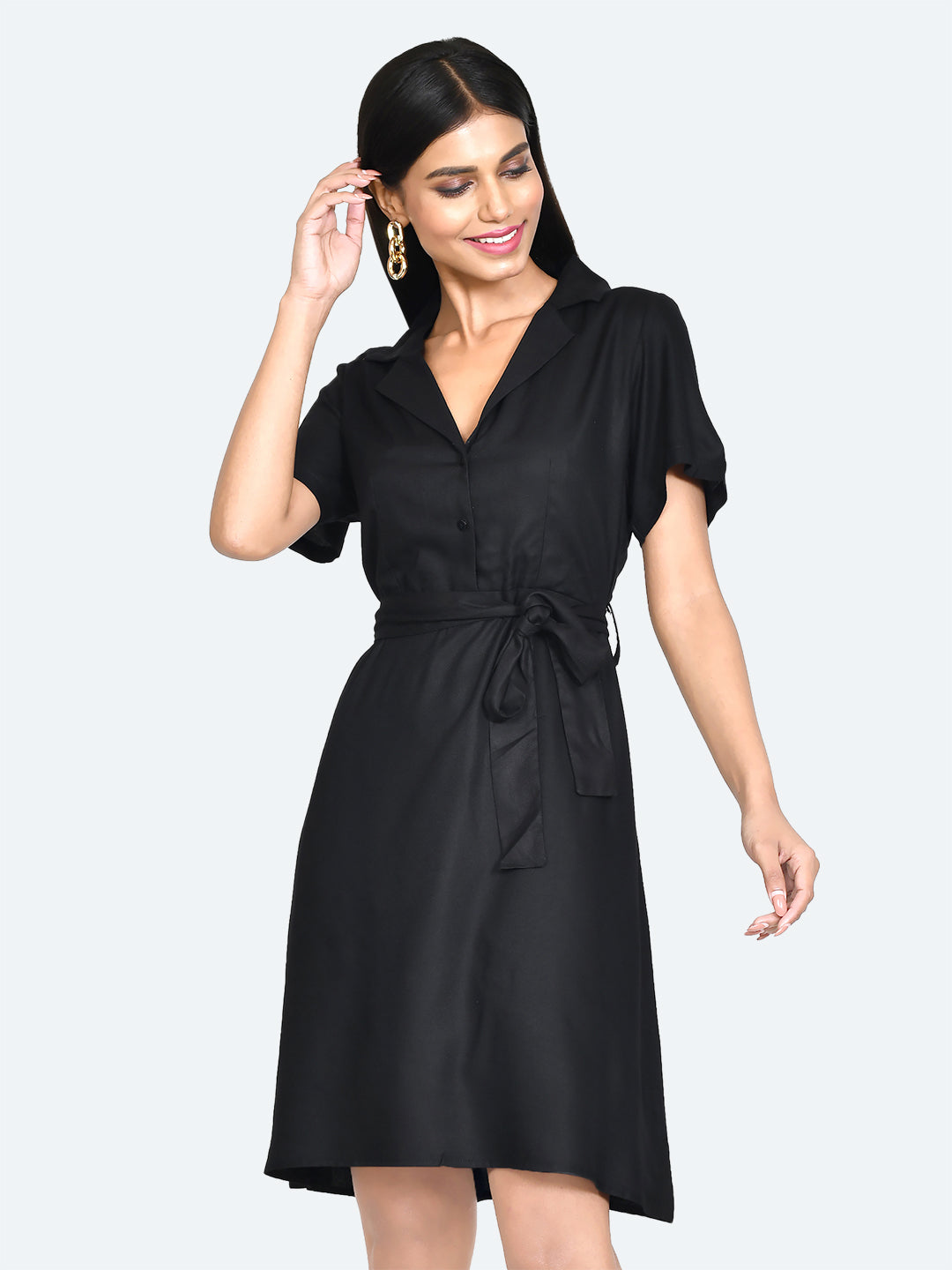 Black Solid Shirt Dress