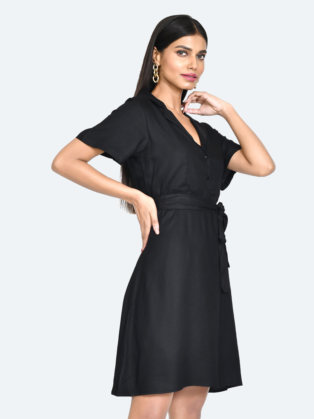 Black Solid Shirt Dress