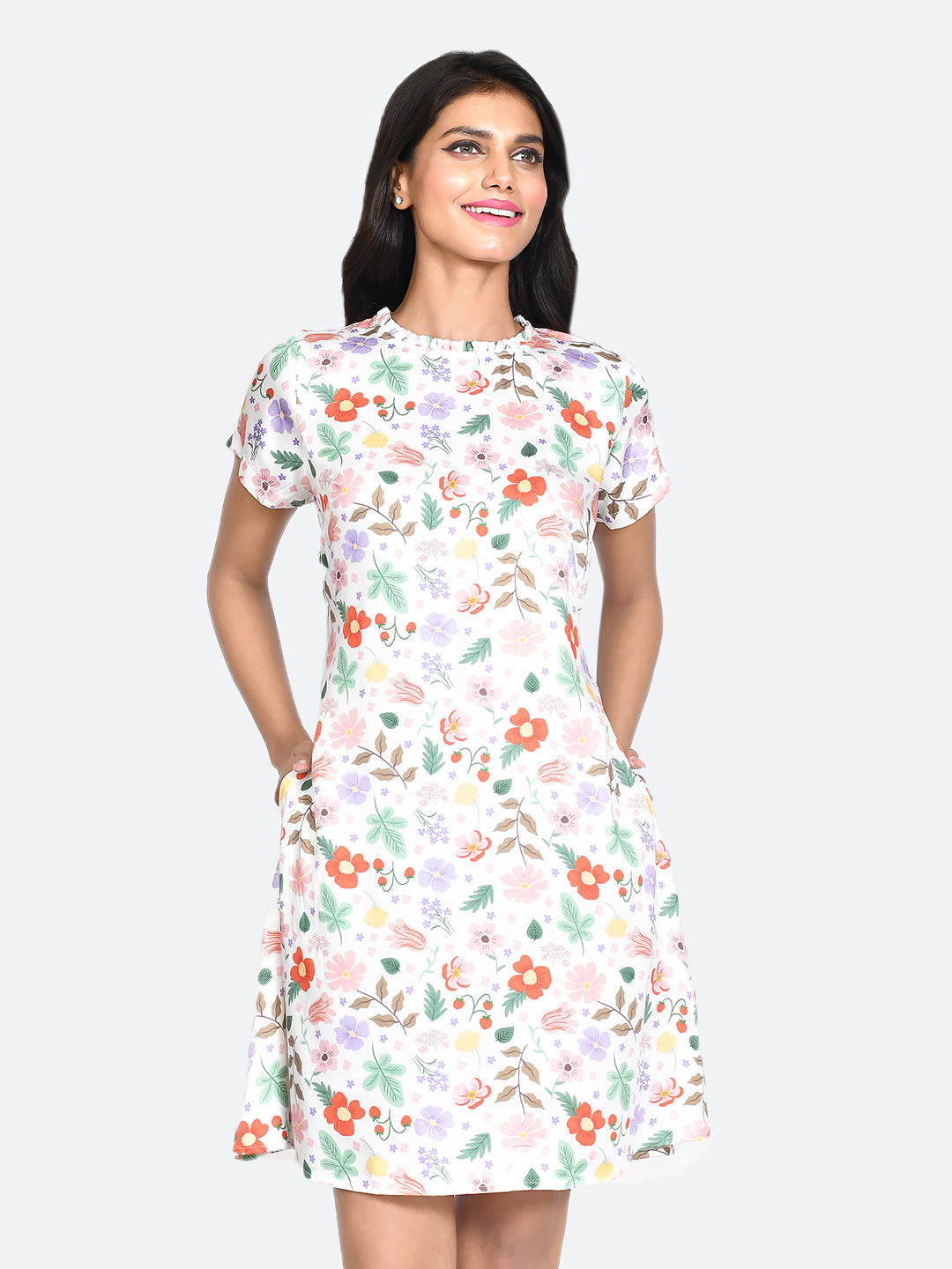 White Printed Short Dress For Women