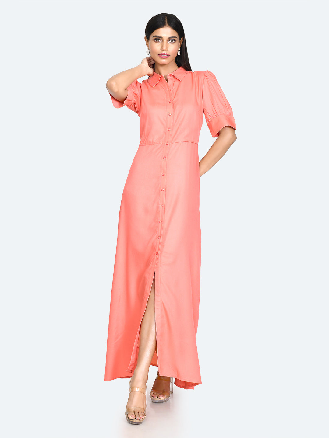 Coral Solid Buttoned Maxi Dress