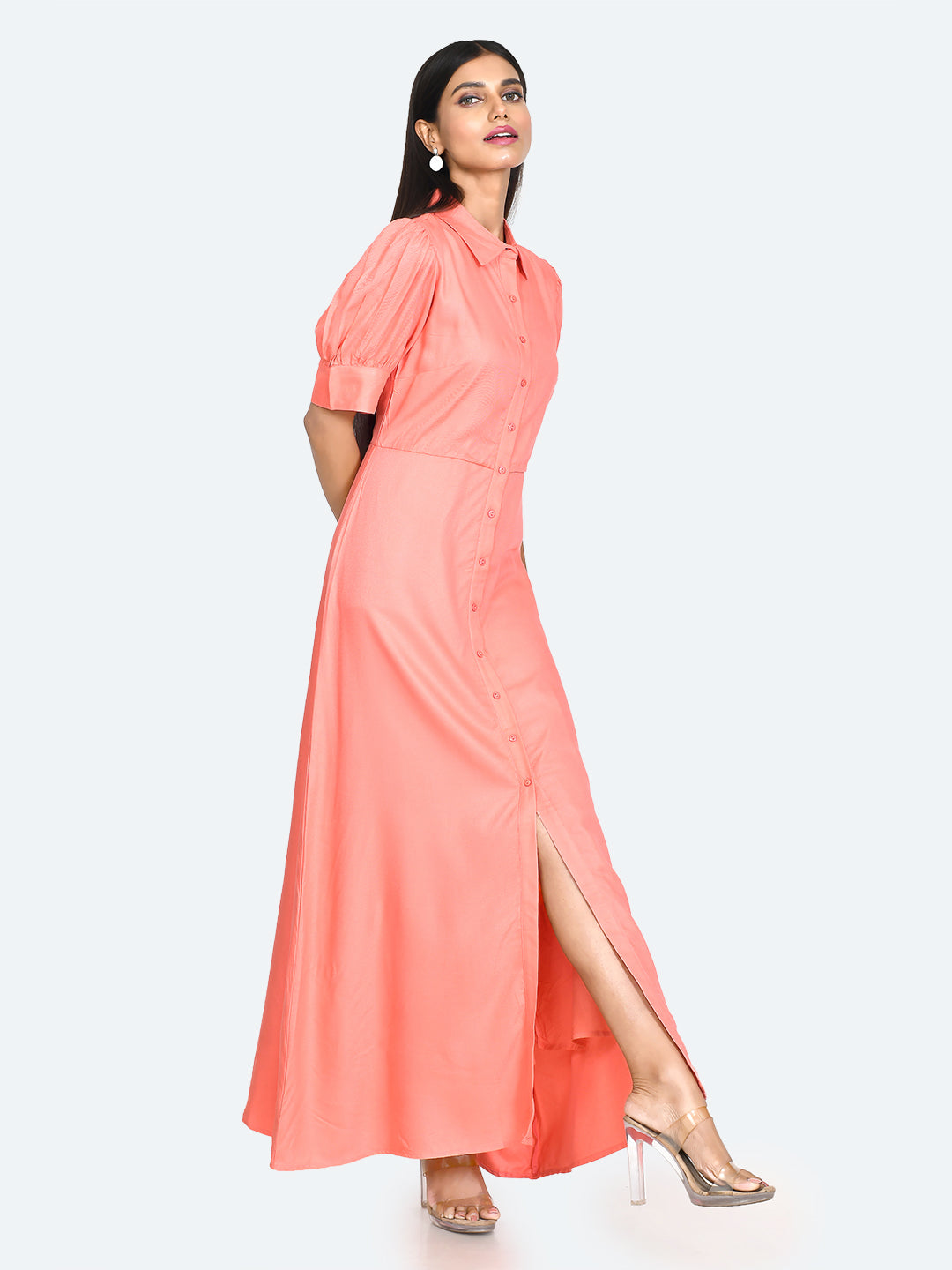 Coral Solid Buttoned Maxi Dress For Women