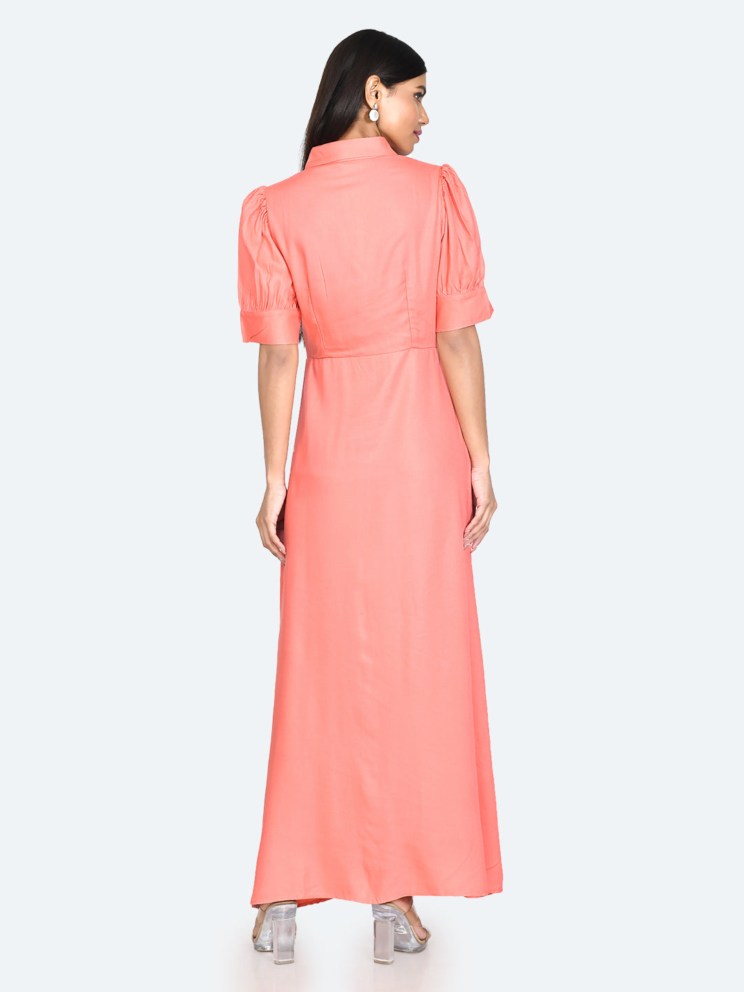 Coral Solid Buttoned Maxi Dress