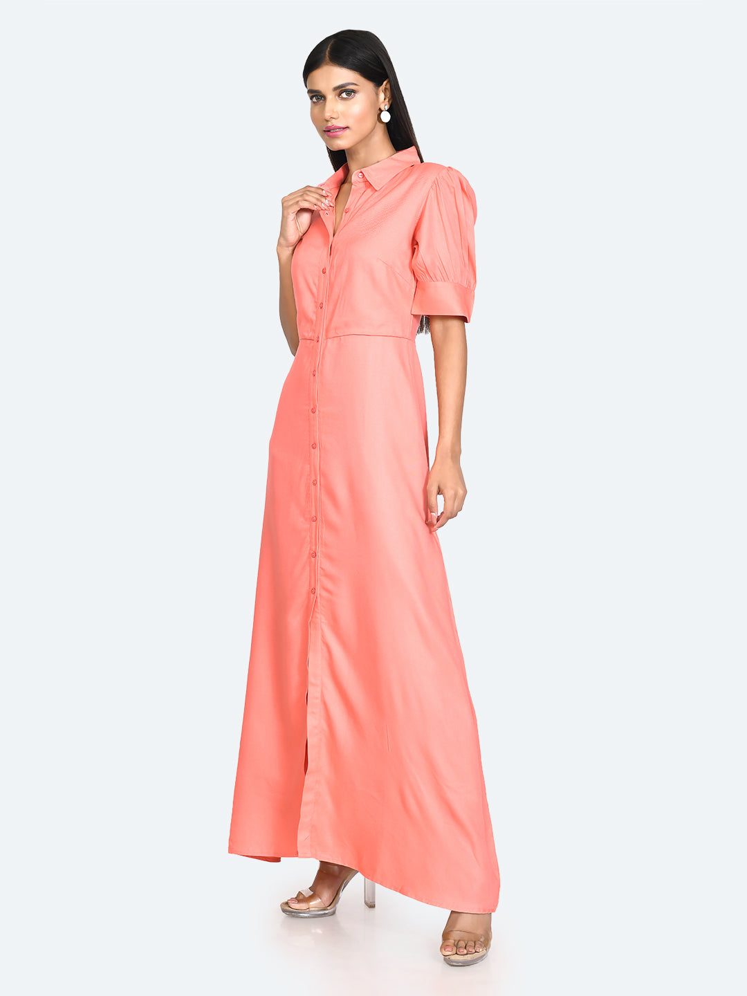 Coral Solid Buttoned Maxi Dress For Women