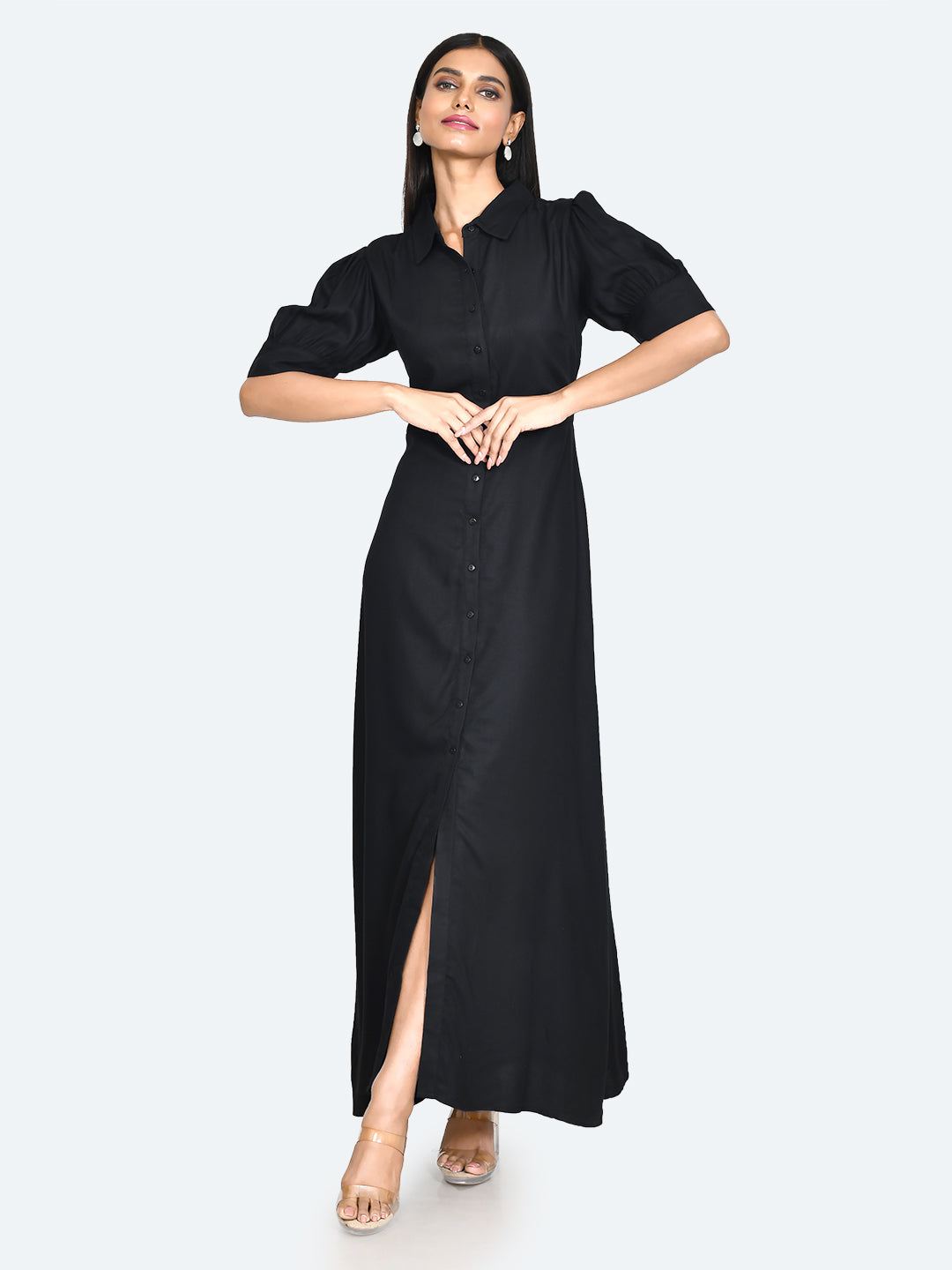 Black Solid Buttoned Maxi Dress