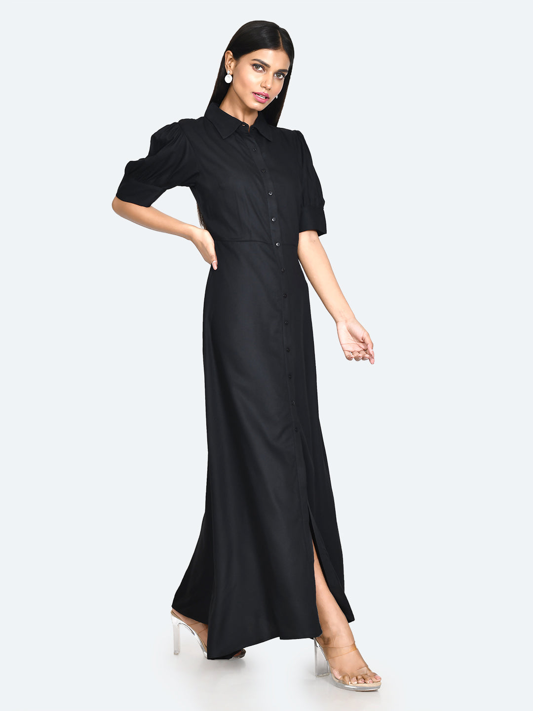 Black Solid Buttoned Maxi Dress