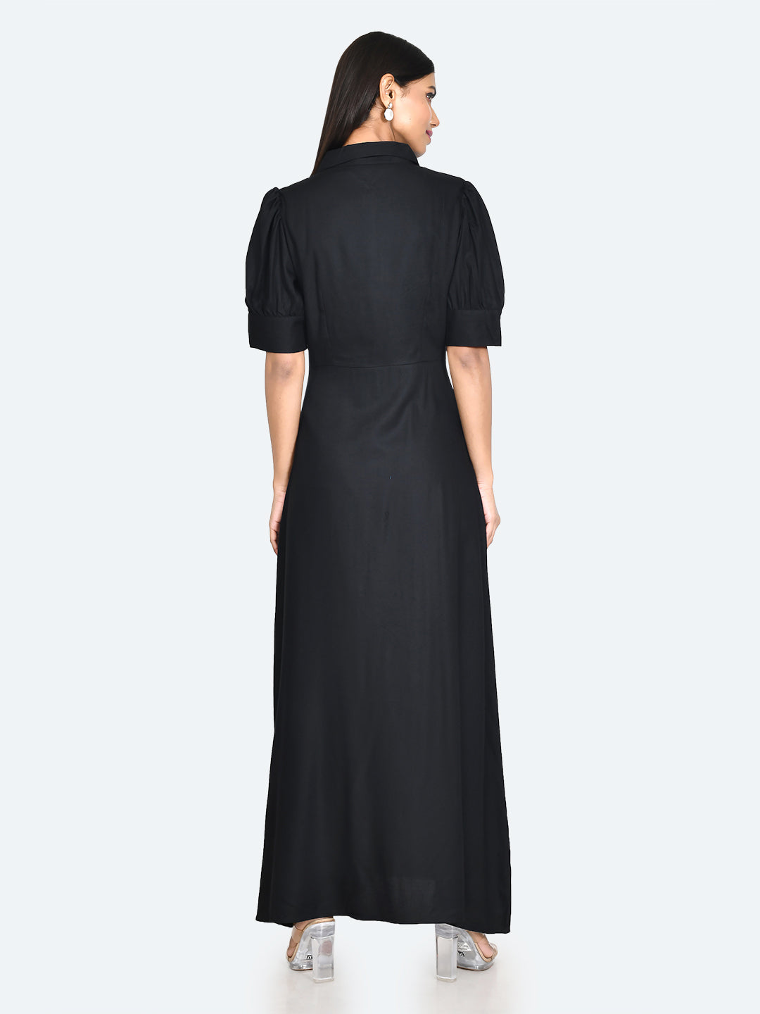 Black Solid Buttoned Maxi Dress