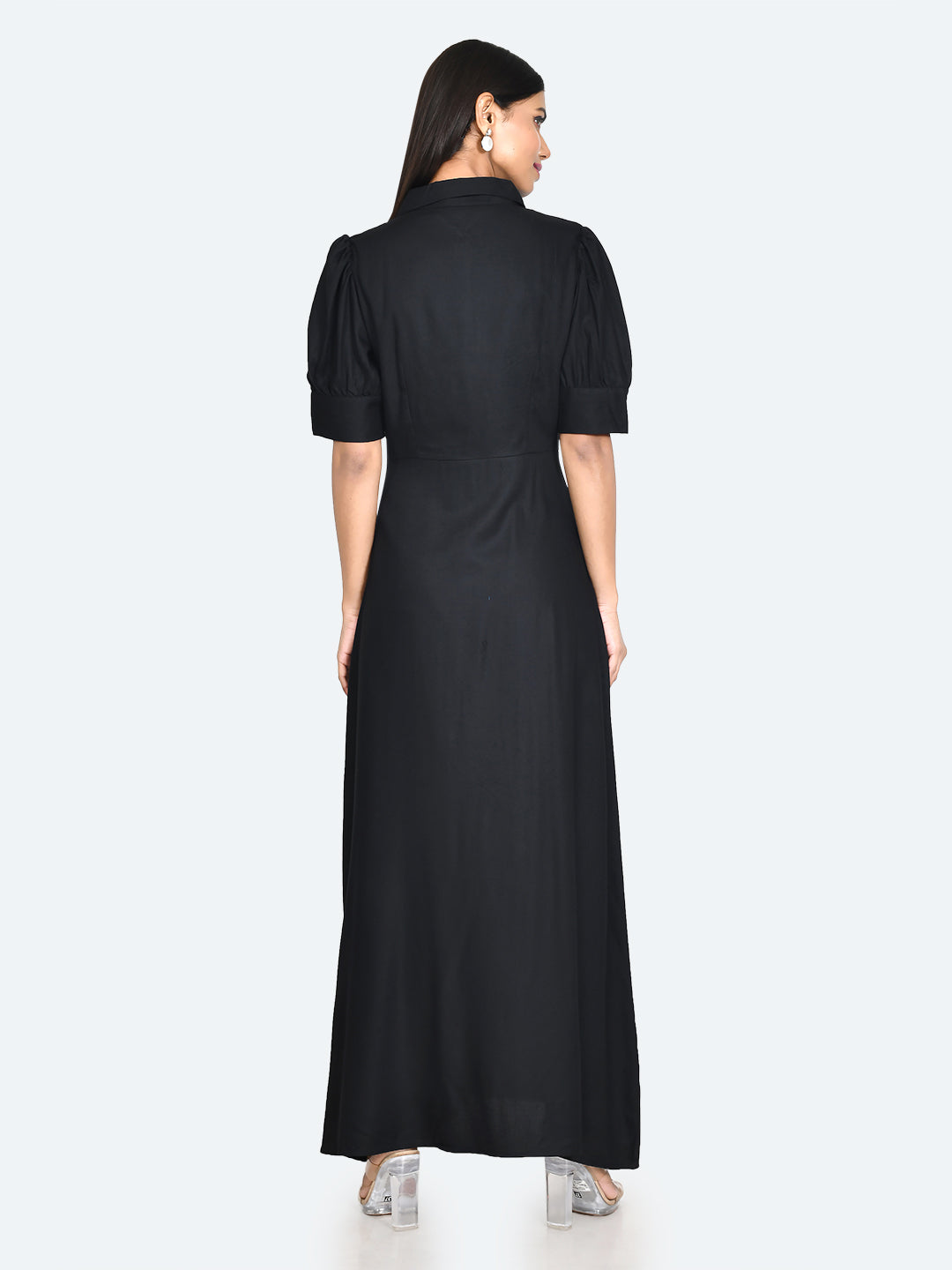 Black Solid Buttoned Maxi Dress For Women
