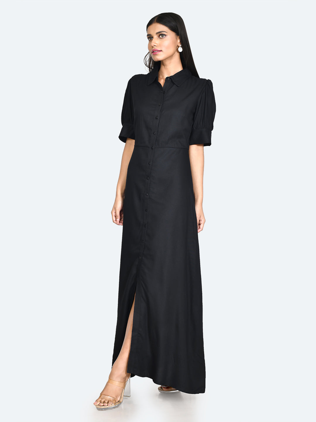 Black Solid Buttoned Maxi Dress