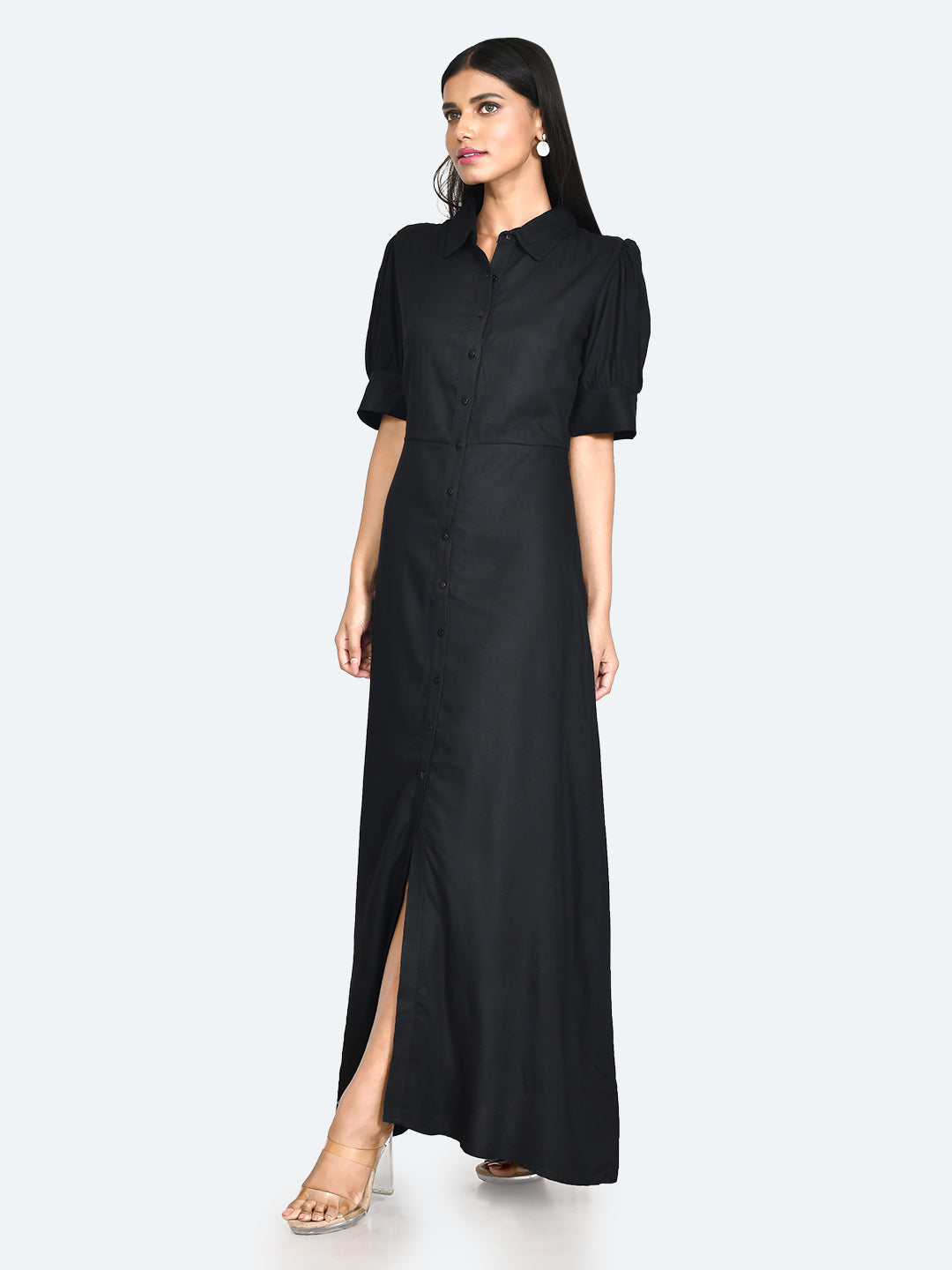 Black Solid Buttoned Maxi Dress For Women