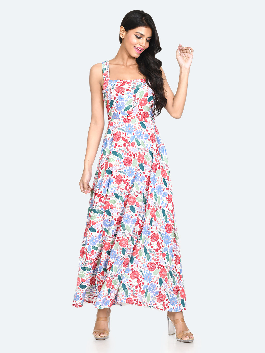 Multi Colored Printed Strappy Maxi Dress