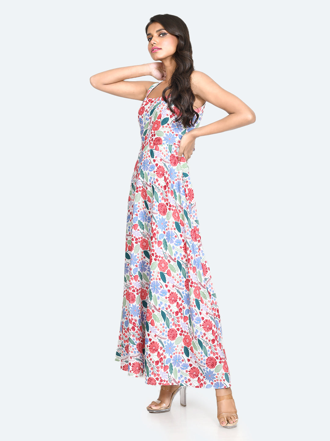 Multi Colored Printed Strappy Maxi Dress