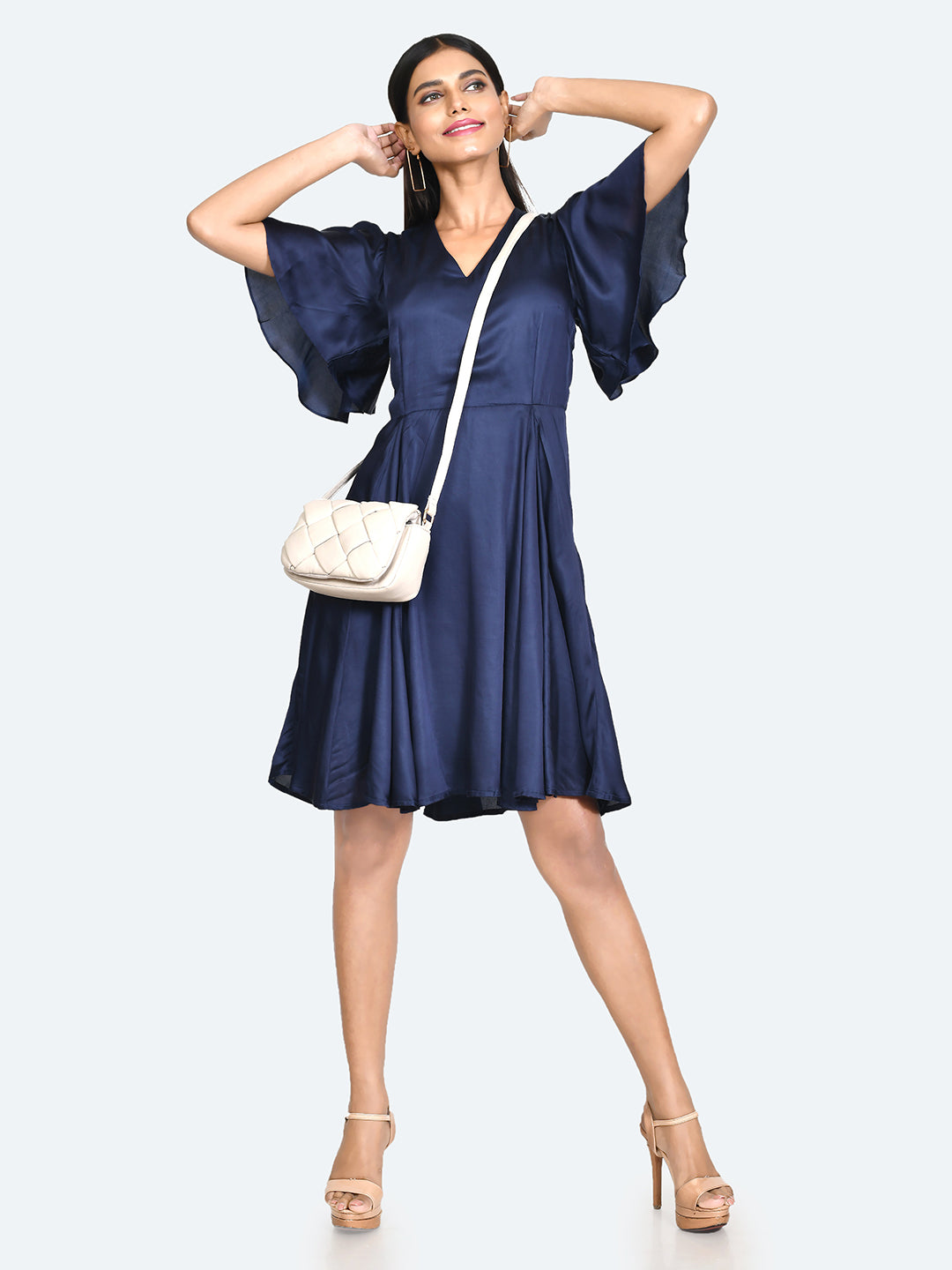 Blue Solid Pleated Short Dress