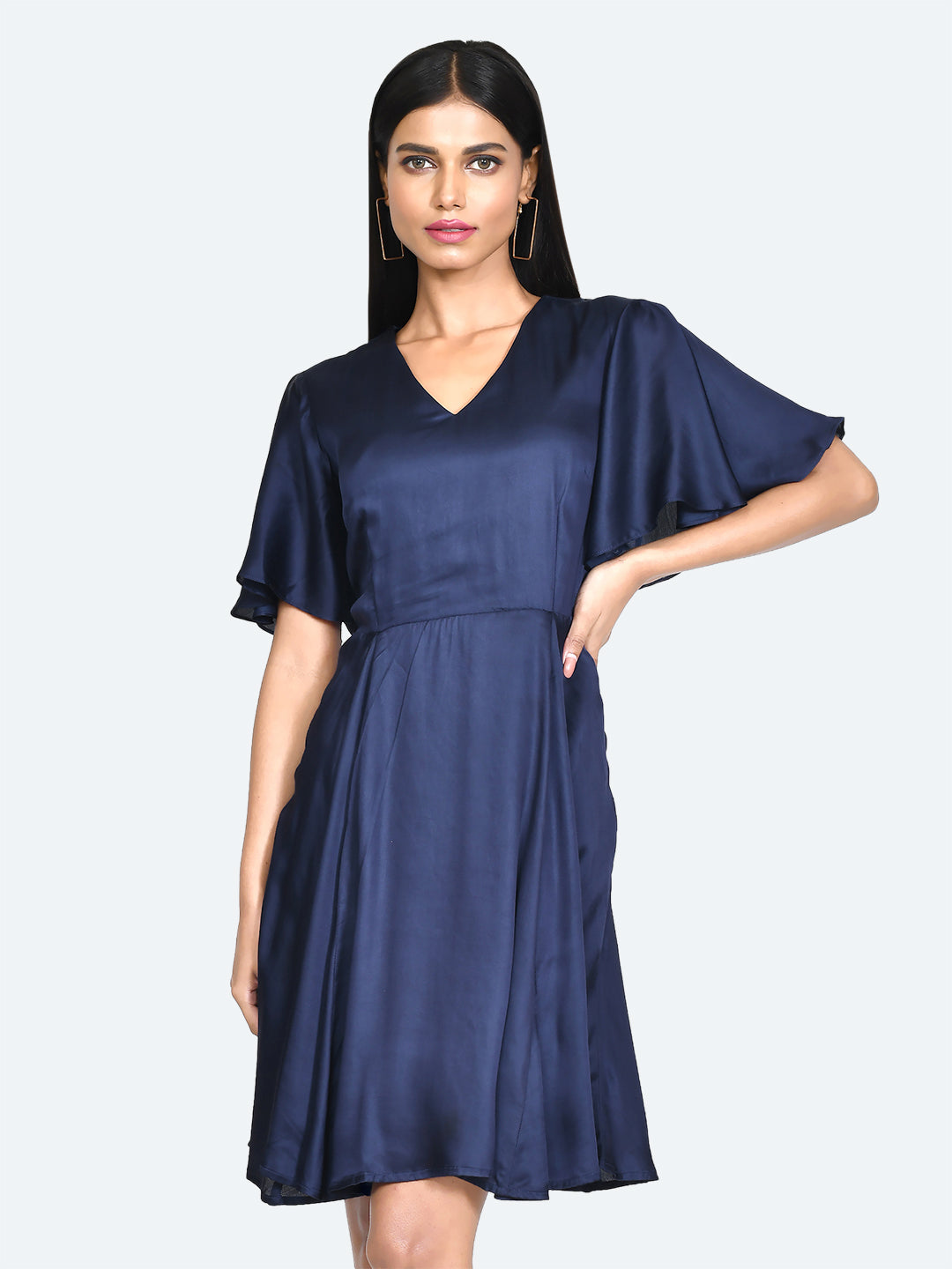 Blue Solid Pleated Short Dress