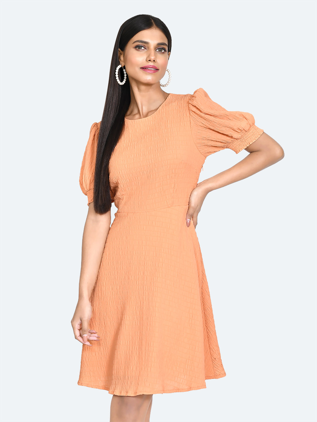 Orange Textured Puff Sleeve Short Dress