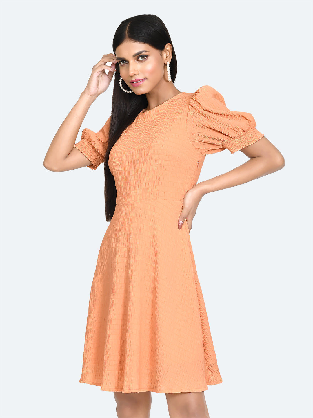 Orange Textured Puff Sleeve Short Dress