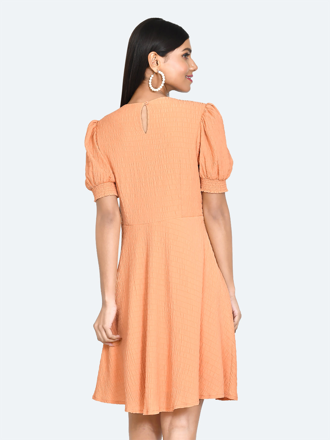 Orange Textured Puff Sleeve Short Dress